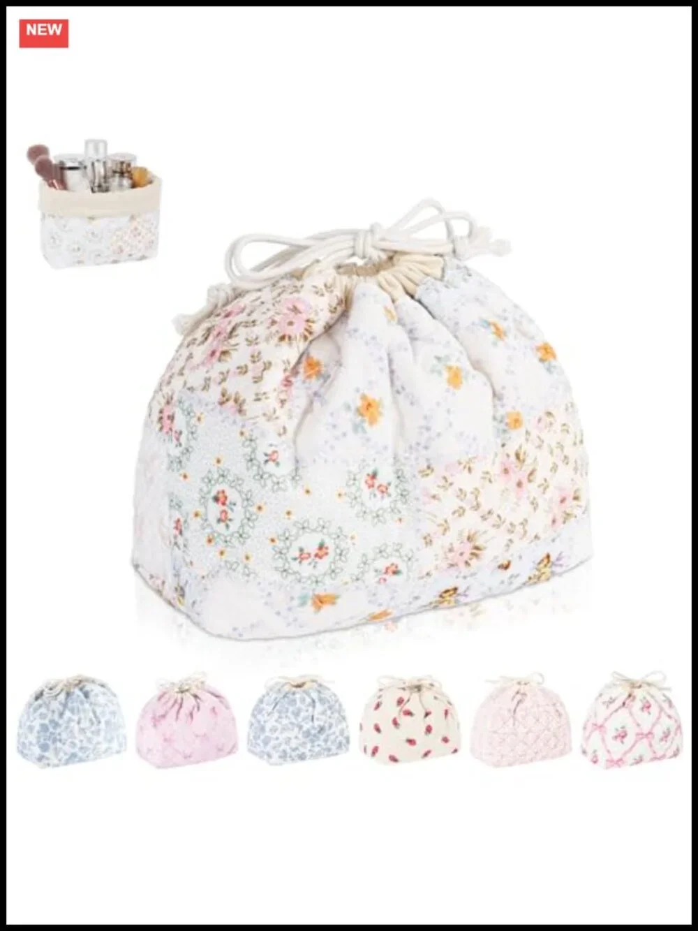 Quilted Drawstring Makeup Bag Canvas Cosmetic Pouch Travel Organizer